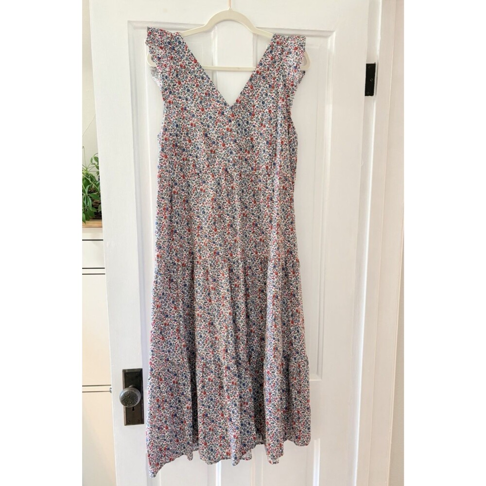Loft Dress Ditsy Floral Flutter Sleeve Midi Cottagecore Tiered Large Pink Blue - Picture 2 of 9